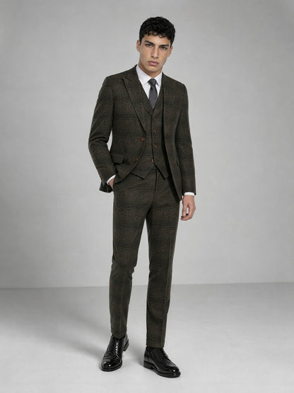 Savile GA0047 Glen Plaid 3-Piece Suit Set – Vest and trousers front full body, double-breasted vest detail