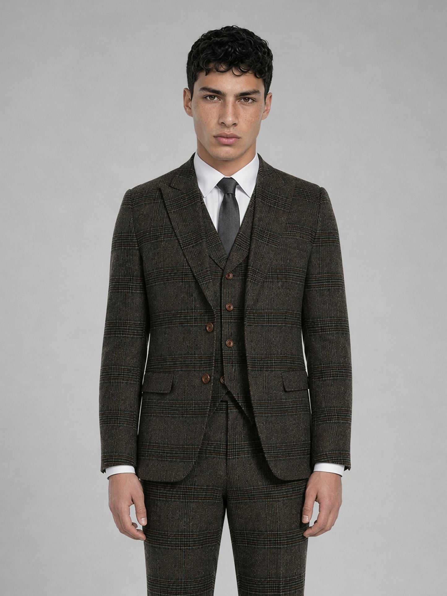 Savile GA0047 Glen Plaid 4-Piece Suit Set – Front full body, third angle complete look
