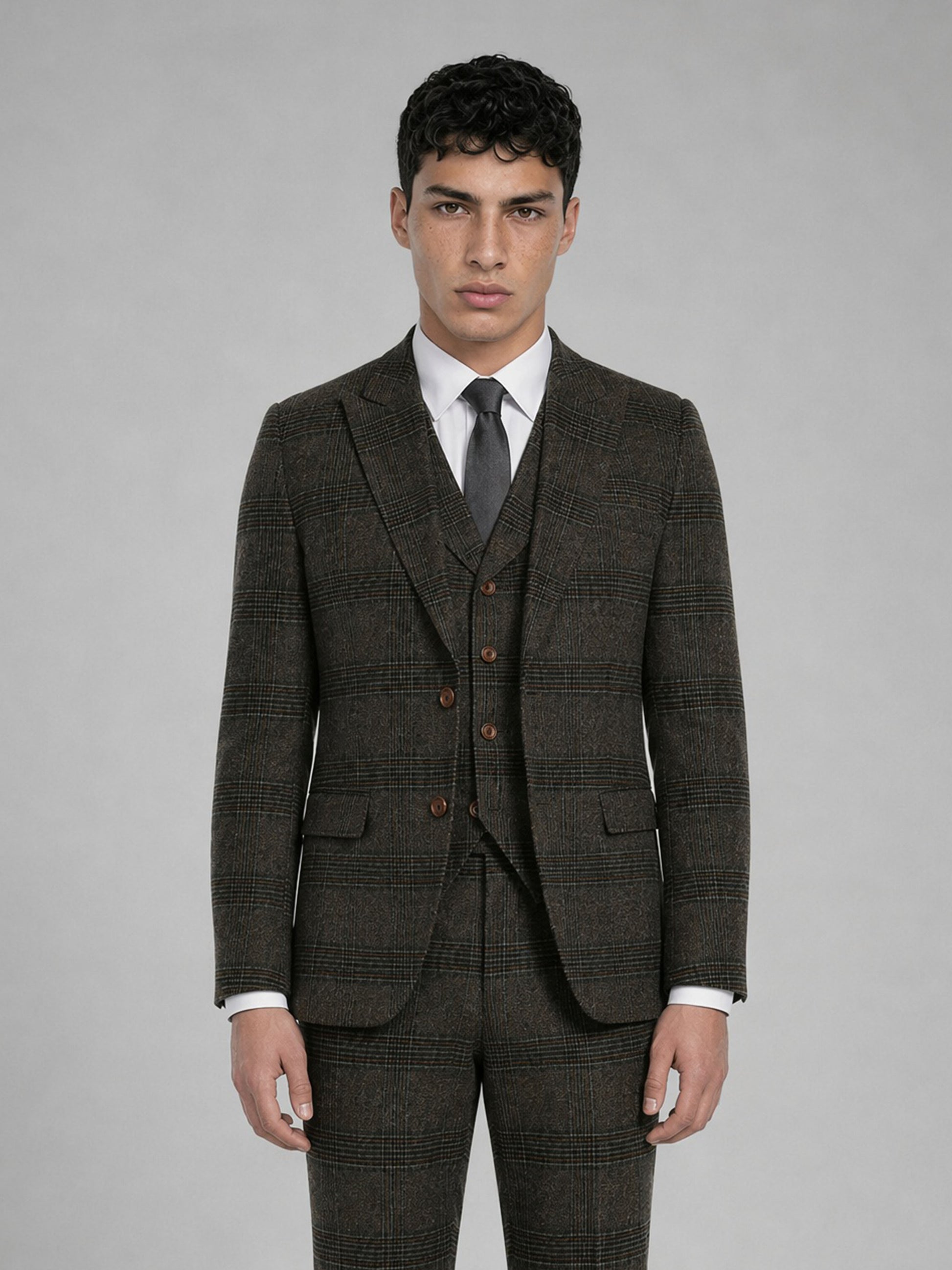 Savile GA0047 Glen Plaid 4-Piece Suit Set – Front full body, third angle complete look