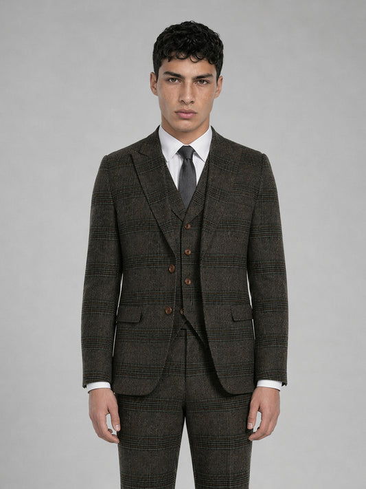 Savile GA0047 Glen Plaid 3-Piece Suit Set – Front full body, third angle complete look
