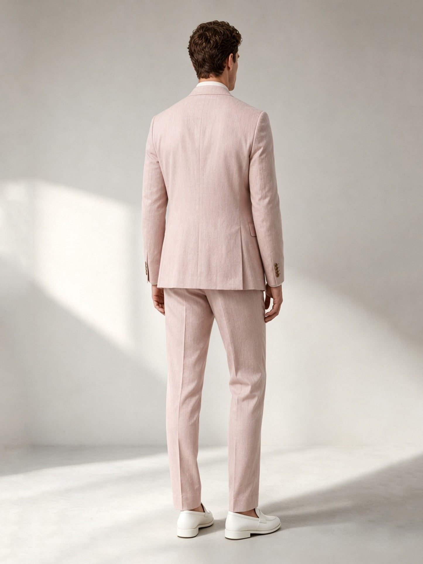 Savile GA0048 Blush Pink Double-Breasted Suit Set – Front upper body, peak lapel and gold button detail