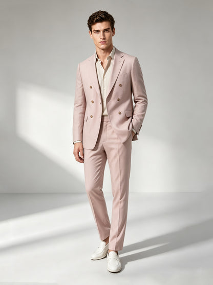Savile GA0048 Blush Pink Double-Breasted Suit Set – Back view, linen texture and center vent detail