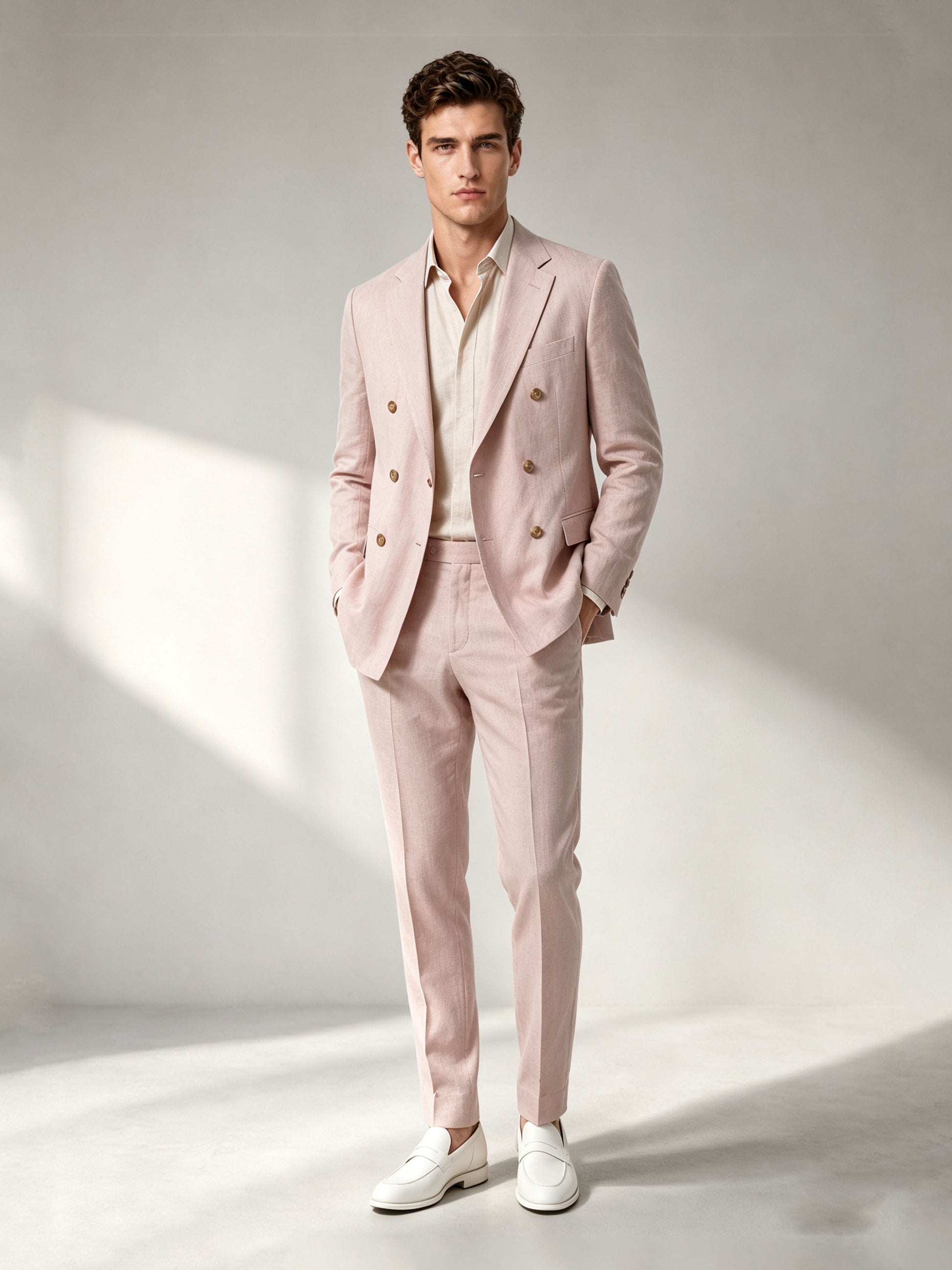 Savile GA0048 Blush Pink Double-Breasted Suit Set – Front full body, model standing, complete 3-piece look