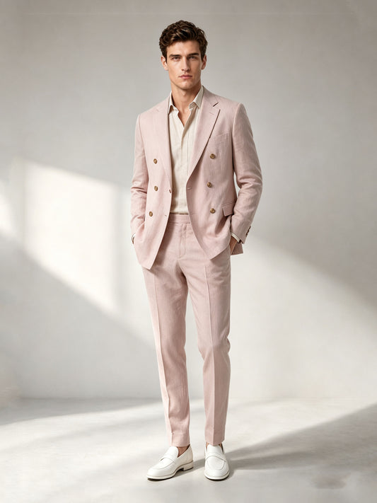 Savile GA0048 Blush Pink Double-Breasted Suit Set – Front full body, model standing, complete 3-piece look