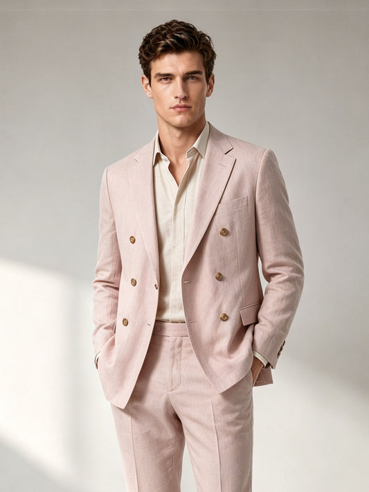 Savile GA0048 Blush Pink Double-Breasted Suit Set – Front full body, relaxed pose, hands in pockets