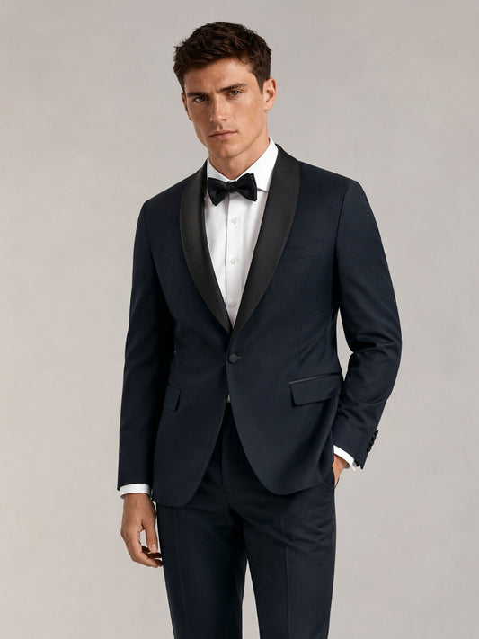 Savile GA0049 Navy Shawl Lapel Tuxedo Set – Front full body, model standing, complete 3-piece look