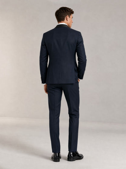 Savile GA0049 Navy Shawl Lapel Tuxedo Set – Upper body close-up, shawl lapel and satin detail