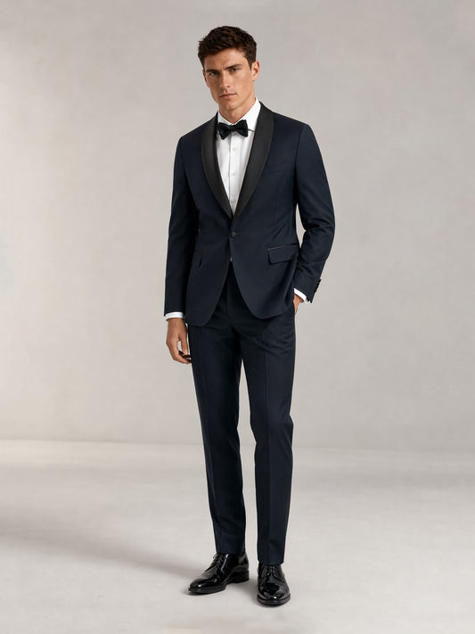 Savile GA0049 Navy Shawl Lapel Tuxedo Set – Back view, center vent and slim trouser silhouette