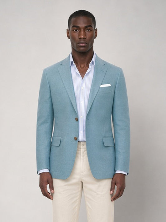 Savile GA0050 Sky Blue Linen Blazer – Front full body, model standing, relaxed pose with hands in pockets