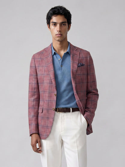 Savile GA0051 Rose Pink Windowpane Check Blazer – Front full body, model standing, standard stance
