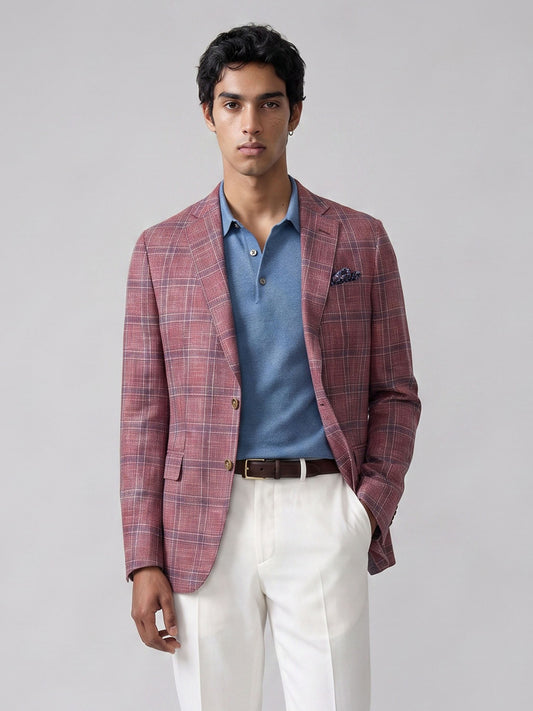Savile GA0051 Rose Pink Windowpane Check Blazer – Front full body, model standing, standard stance