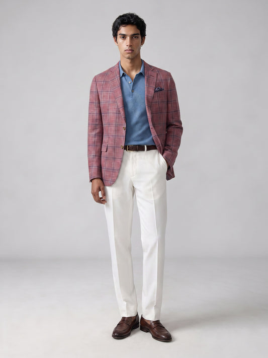Savile GA0051 Rose Pink Windowpane Check Blazer – Upper body close-up, notch lapel and windowpane check detail