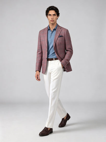 Savile GA0051 Rose Pink Windowpane Check Blazer – Side profile, model walking, check pattern detail