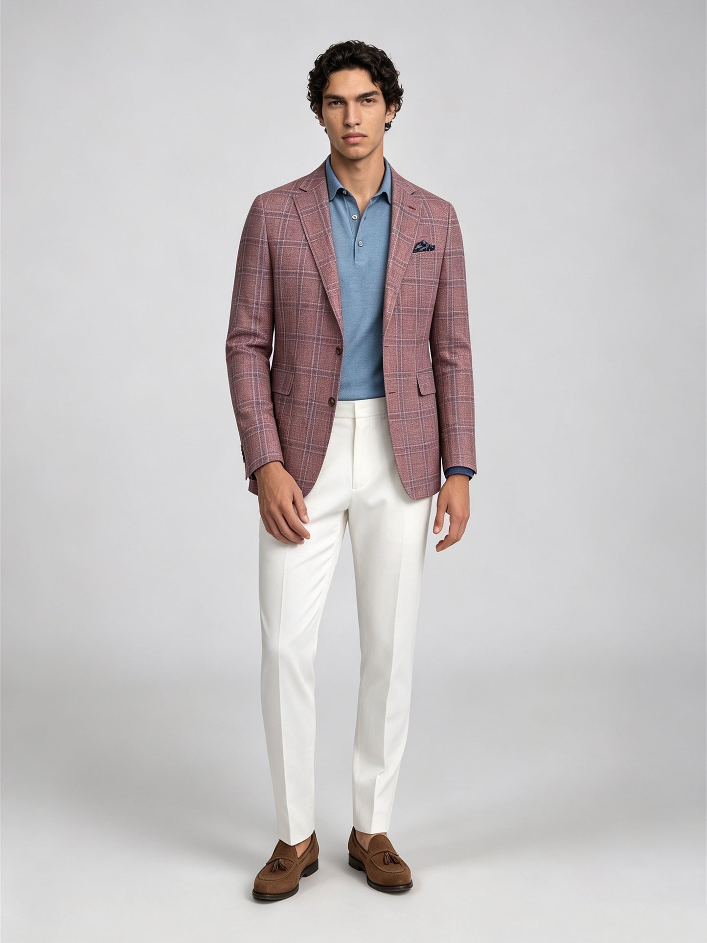 Savile GA0051 Rose Pink Windowpane Check Blazer – Front full body, model walking, dynamic pose