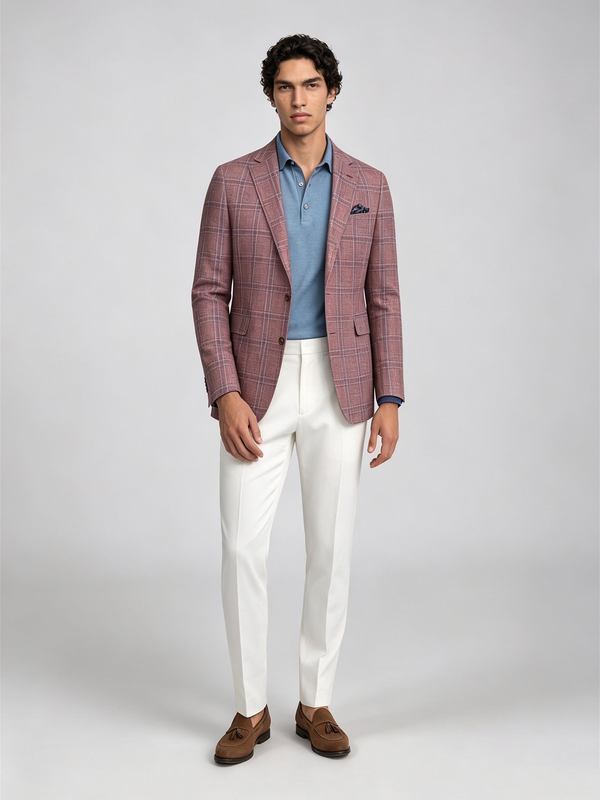 Savile GA0051 Rose Pink Windowpane Check Blazer – Front full body, model walking, dynamic pose