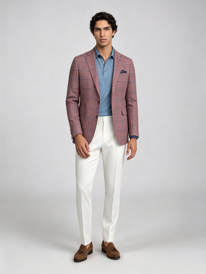 Savile GA0051 Rose Pink Windowpane Check Blazer – Front full body, model walking, dynamic pose