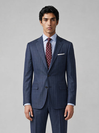 Savile GA0052 Steel Blue Glen Plaid Suit Set – Front full body, model standing, relaxed pose with hand in pocket
