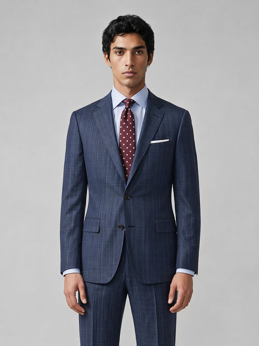 Savile GA0052 Steel Blue Glen Plaid Suit Set – Front full body, model standing, relaxed pose with hand in pocket