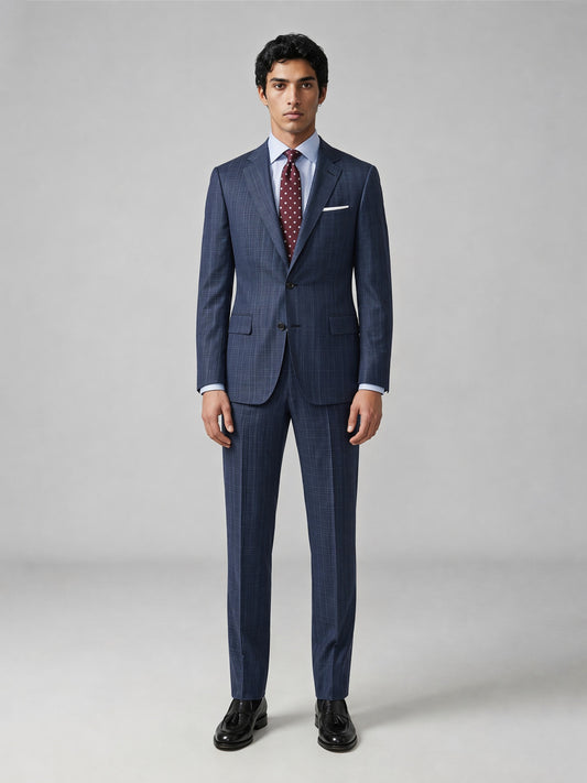 Savile GA0052 Steel Blue Glen Plaid Suit Set – Front full body, model standing, standard stance
