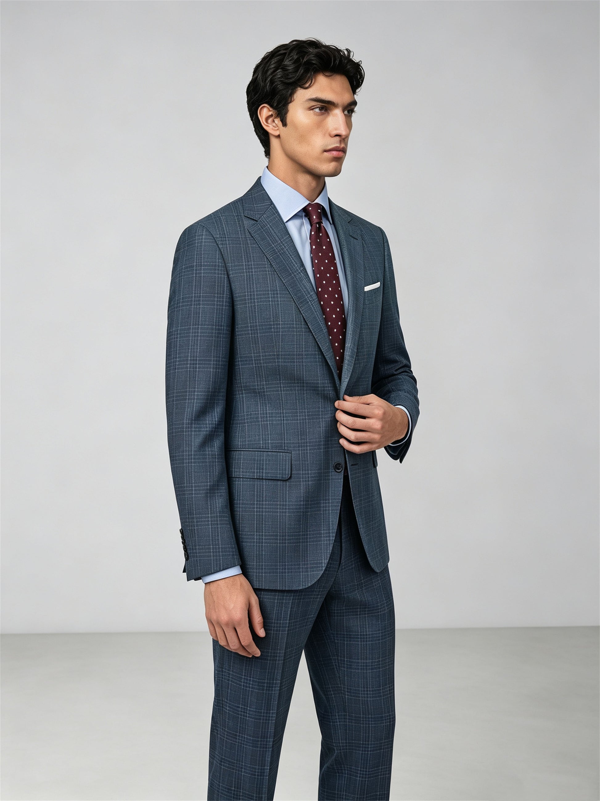 Savile GA0052 Steel Blue Glen Plaid Suit Set – Upper body close-up, notch lapel and Glen Plaid check detail