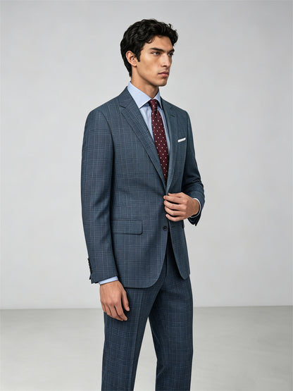 Savile GA0052 Steel Blue Glen Plaid Suit Set – Upper body close-up, notch lapel and Glen Plaid check detail