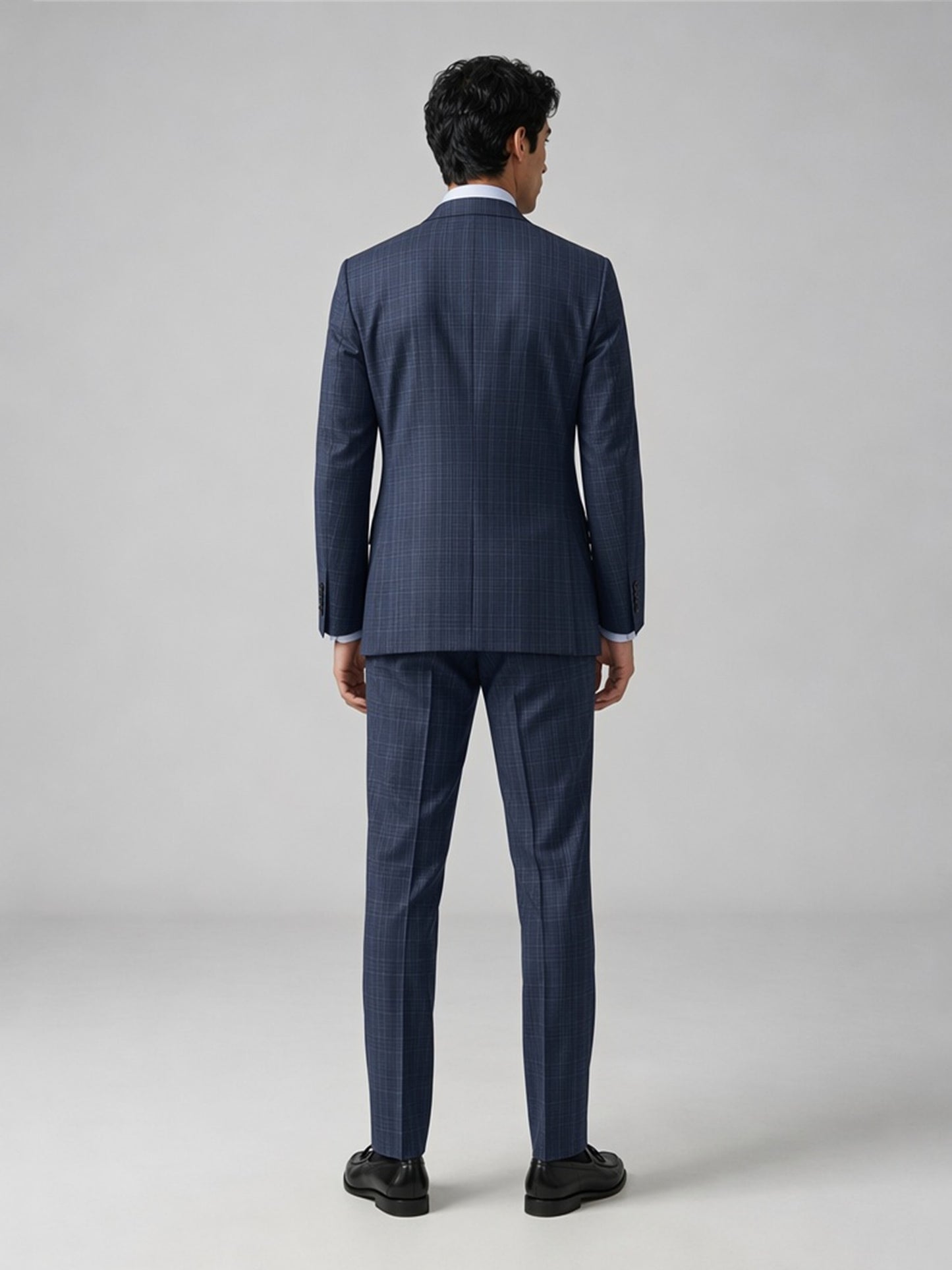 Savile GA0052 Steel Blue Glen Plaid Suit Set – Side profile, model standing, windowpane check pattern detail