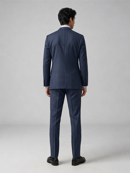 Savile GA0052 Steel Blue Glen Plaid Suit Set – Side profile, model standing, windowpane check pattern detail