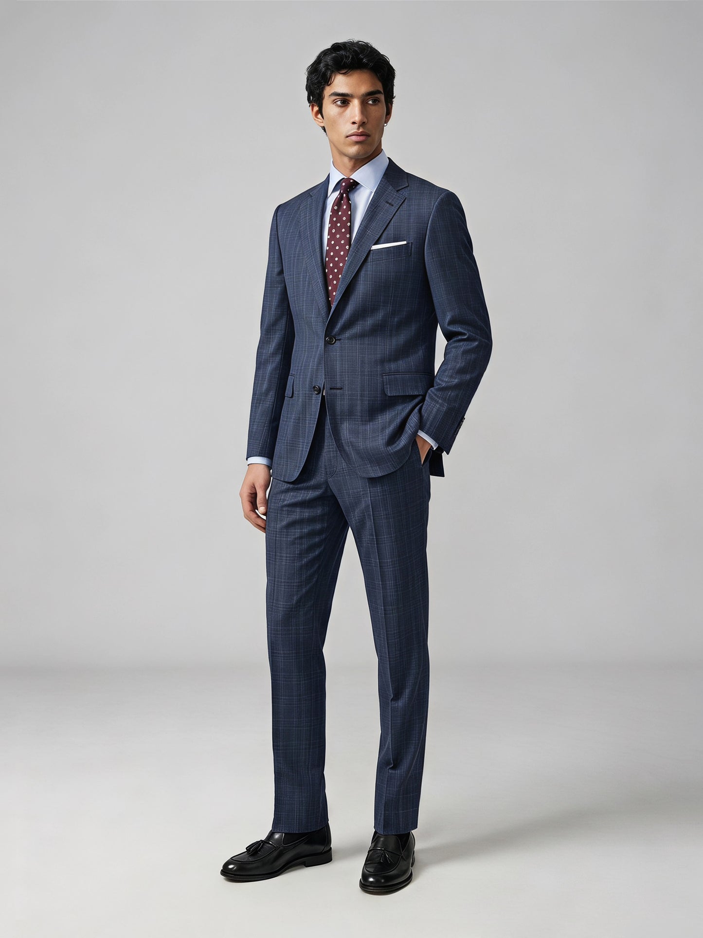 Savile GA0052 Steel Blue Glen Plaid Suit Set – Back view, center vent and slim trouser silhouette