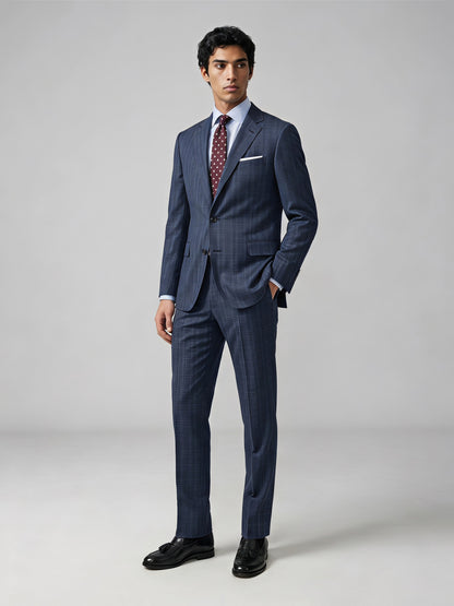 Savile GA0052 Steel Blue Glen Plaid Suit Set – Back view, center vent and slim trouser silhouette
