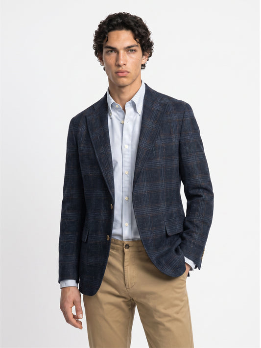 Savile GA0053 Navy Glen Plaid Linen Blazer – Upper body close-up, notch lapel and Glen Plaid check detail