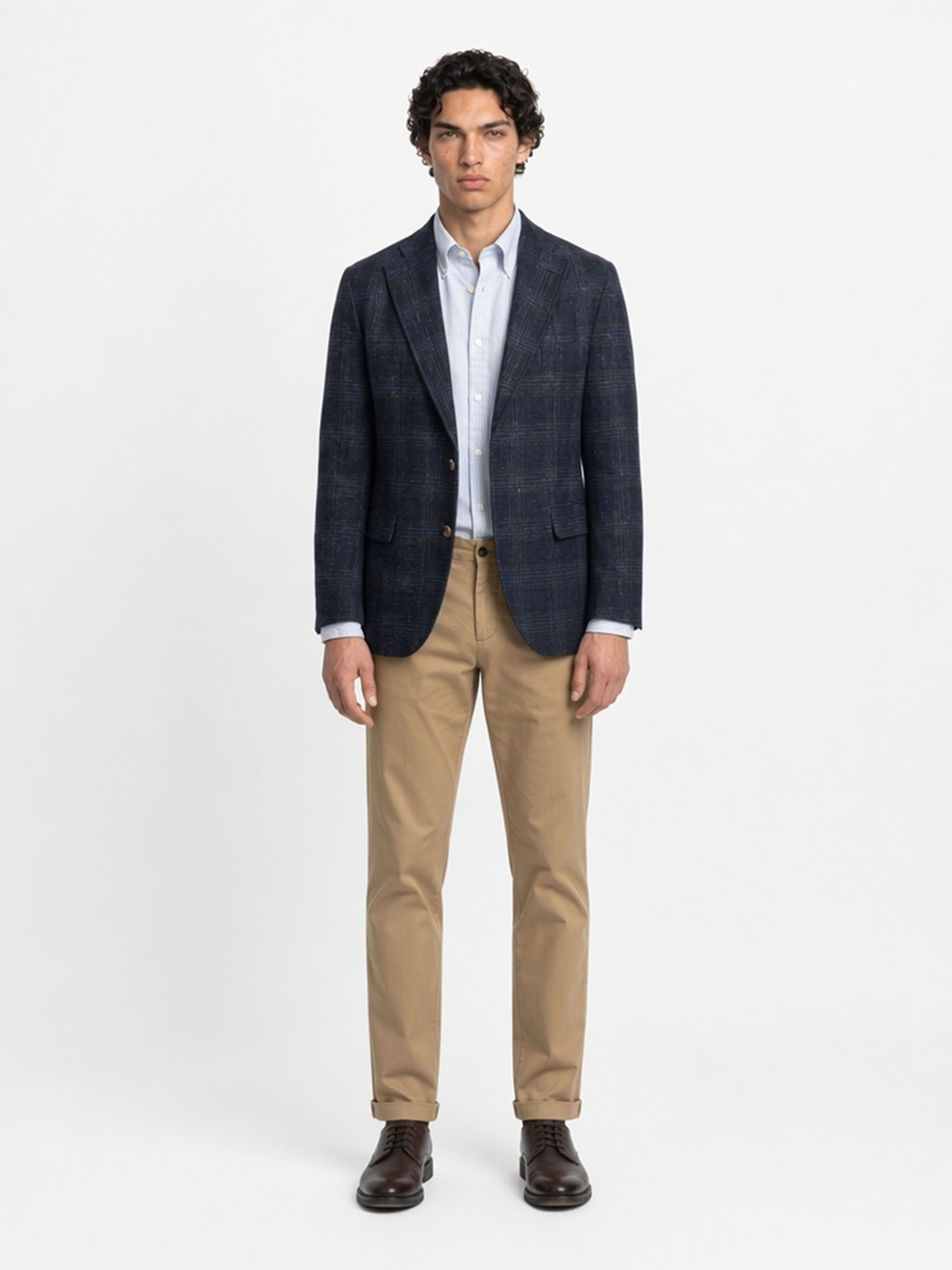 Savile GA0053 Navy Glen Plaid Linen Blazer – Front full body, model standing, standard stance with khaki chinos