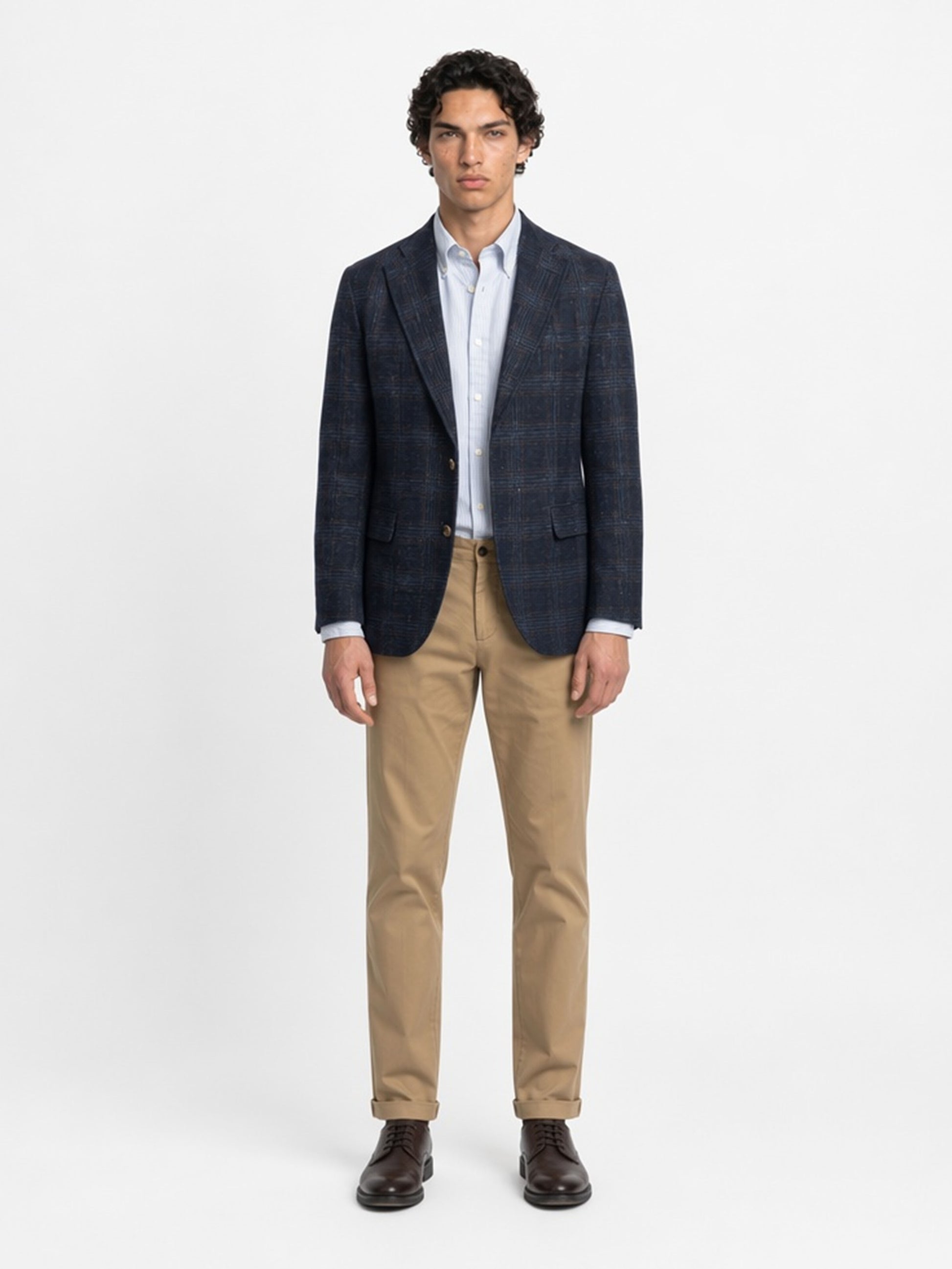 Savile GA0053 Navy Glen Plaid Linen Blazer – Front full body, model standing, standard stance with khaki chinos