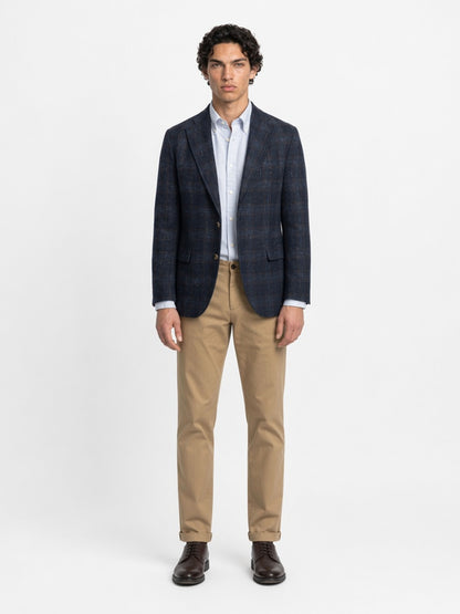 Savile GA0053 Navy Glen Plaid Linen Blazer – Front full body, model standing, standard stance with khaki chinos