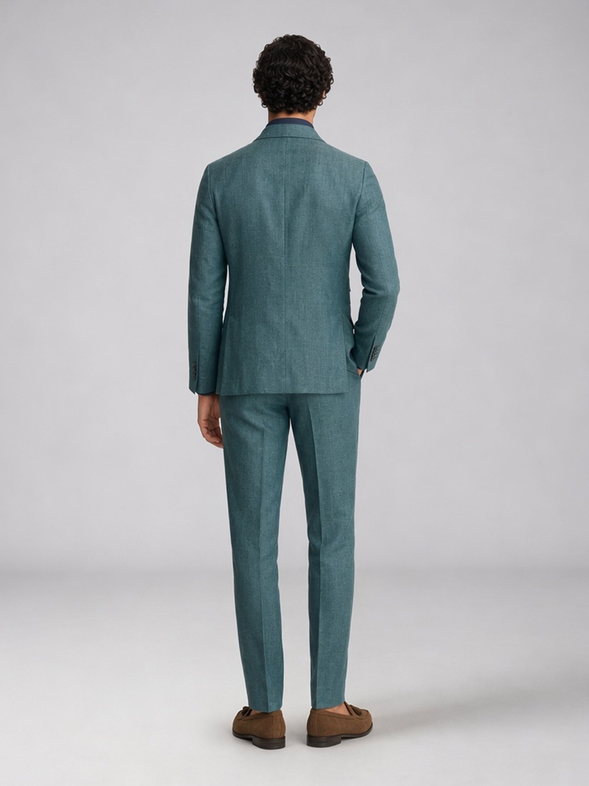 Savile GA0054 Teal Double-Breasted Linen Suit Set – Front upper body close-up, peak lapel and navy button detail
