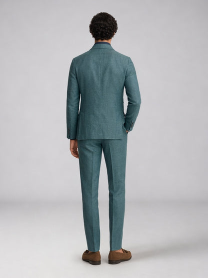 Savile GA0054 Teal Double-Breasted Linen Suit Set – Front upper body close-up, peak lapel and navy button detail
