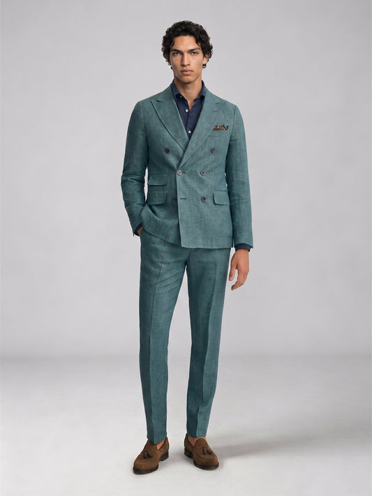 Savile GA0054 Teal Double-Breasted Linen Suit Set – Front full body, model standing, hand in pocket