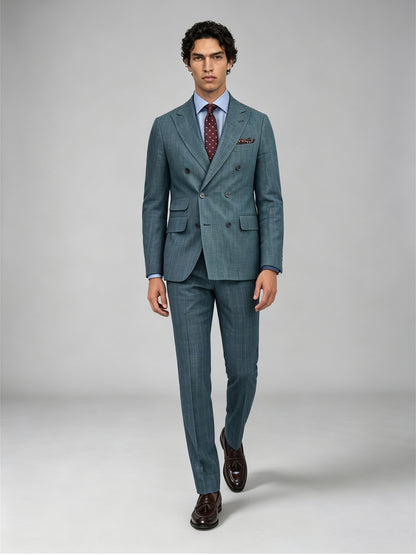 Savile GA0054 Teal Double-Breasted Linen Suit Set – Front full body, model standing, standard stance
