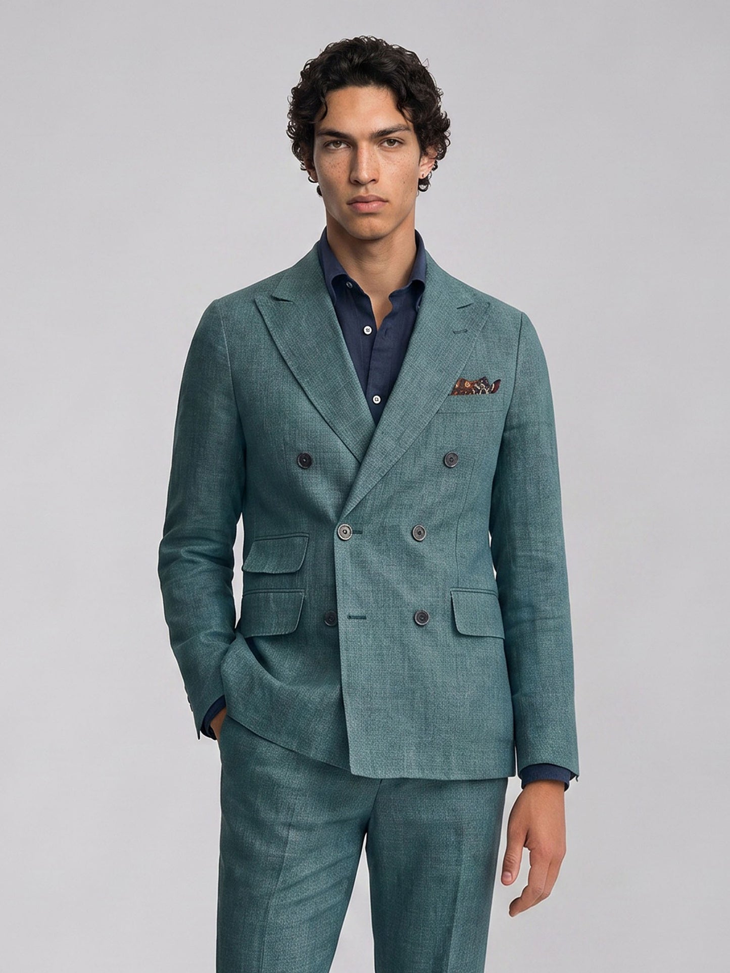 Savile GA0054 Teal Double-Breasted Linen Suit Set – Back view, linen texture and center vent detail