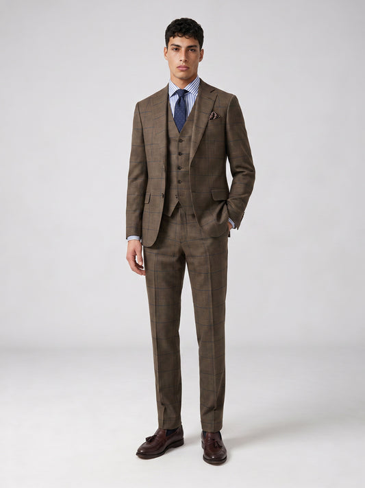 Savile GA0055 Brown Glen Plaid 3-Piece Suit Set – Front upper body close-up, notch lapel, vest and Glen Plaid check detail