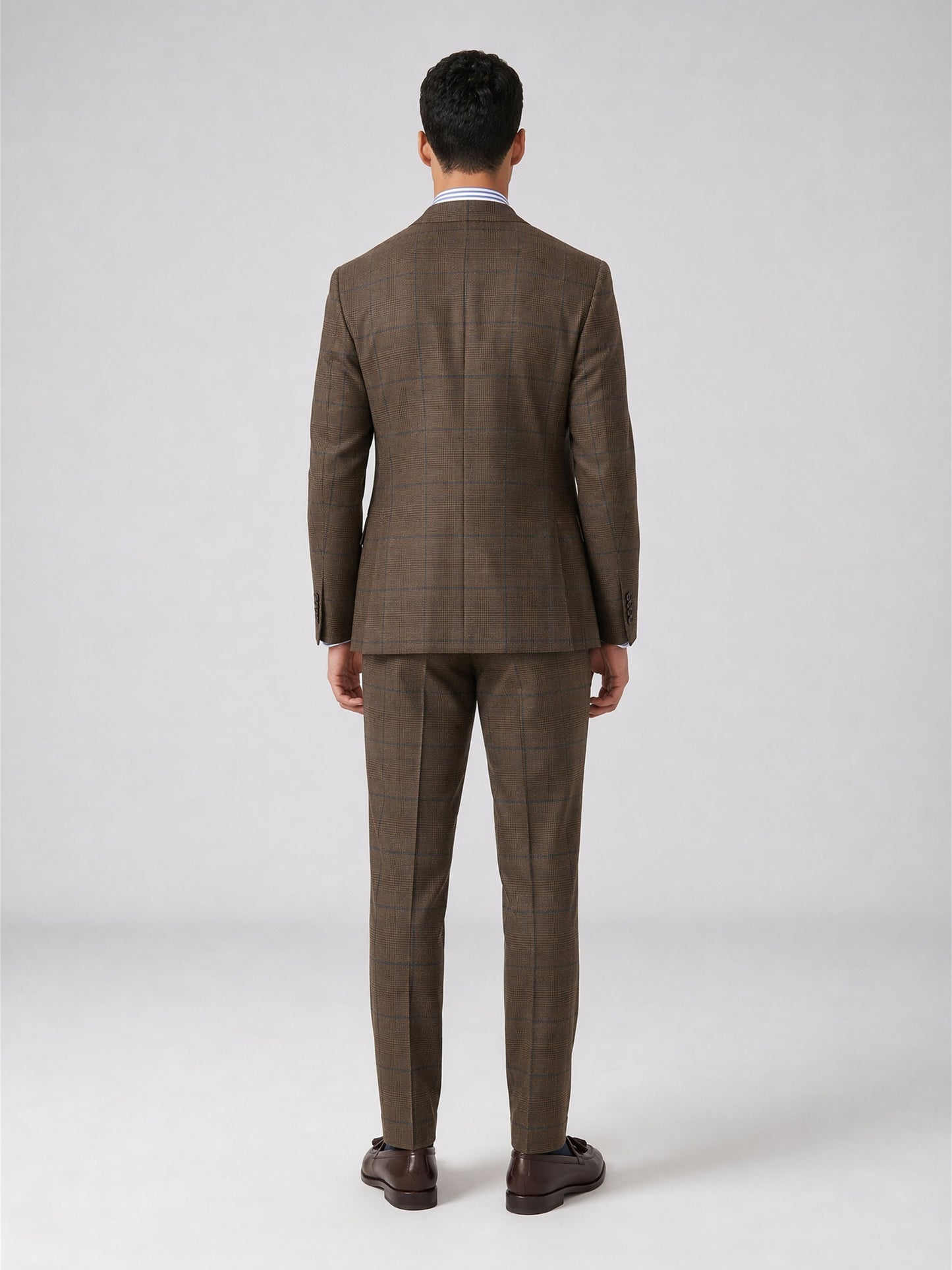 Savile GA0055 Brown Glen Plaid 4-Piece Suit Set – Front full body, model standing, complete 4-piece look with stripe shirt and tie