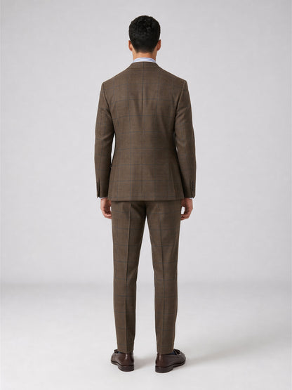 Savile GA0055 Brown Glen Plaid 3-Piece Suit Set – Front full body, model standing, complete 3-piece look with stripe shirt and tie