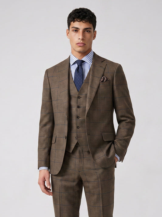 Savile GA0055 Brown Glen Plaid 3-Piece Suit Set – Back view, Glen Plaid pattern and center vent detail