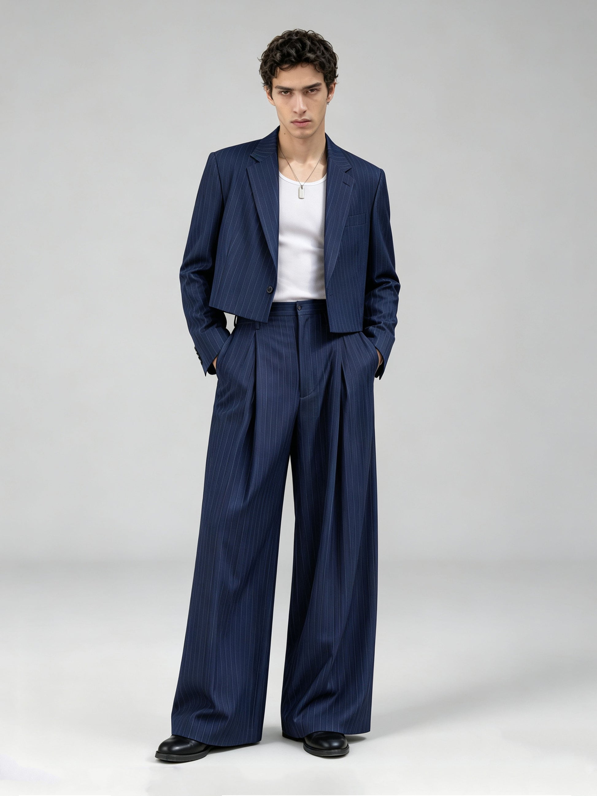 Savile GA0056 navy pinstripe blazer – close-up portrait showing notch lapel and fabric detail