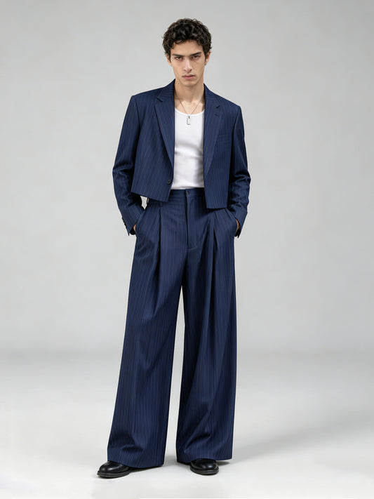 Savile GA0056 navy pinstripe blazer – close-up portrait showing notch lapel and fabric detail