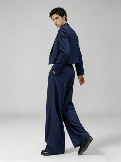 Savile GA0056 navy pinstripe suit set – model with arms crossed, showing blazer structure