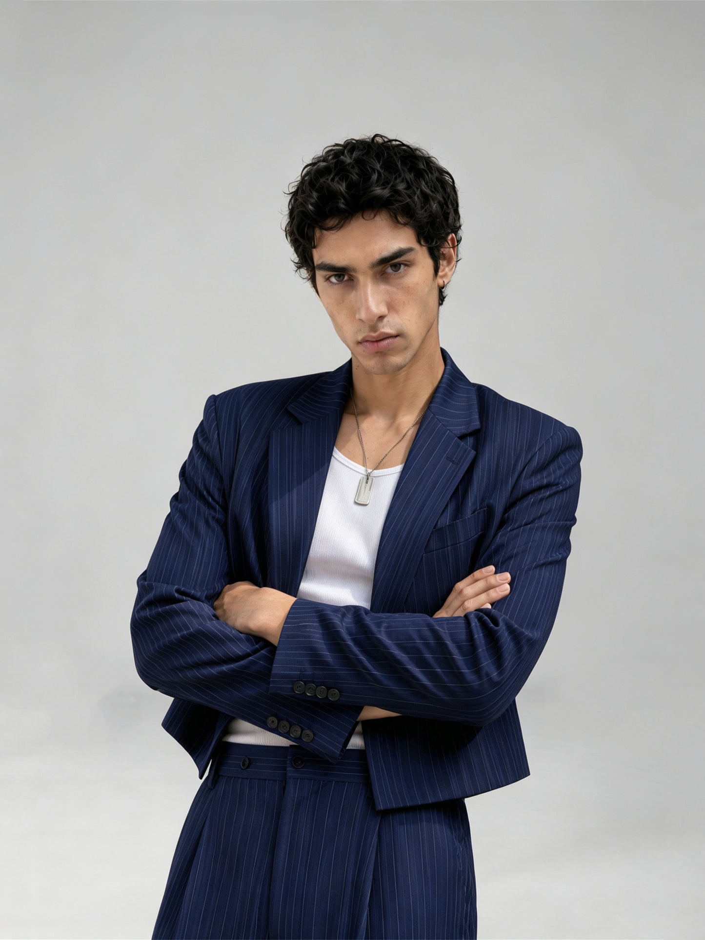Savile GA0056 navy pinstripe cropped blazer – front detail with white tee and silver necklace