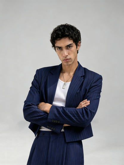 Savile GA0056 navy pinstripe cropped blazer – front detail with white tee and silver necklace