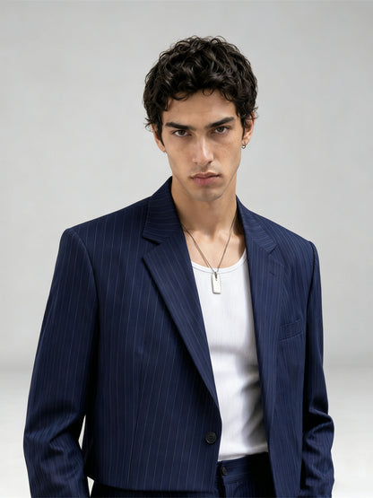 Savile GA0056 navy pinstripe 2-piece suit set – full body front view, cropped blazer and wide-leg trousers