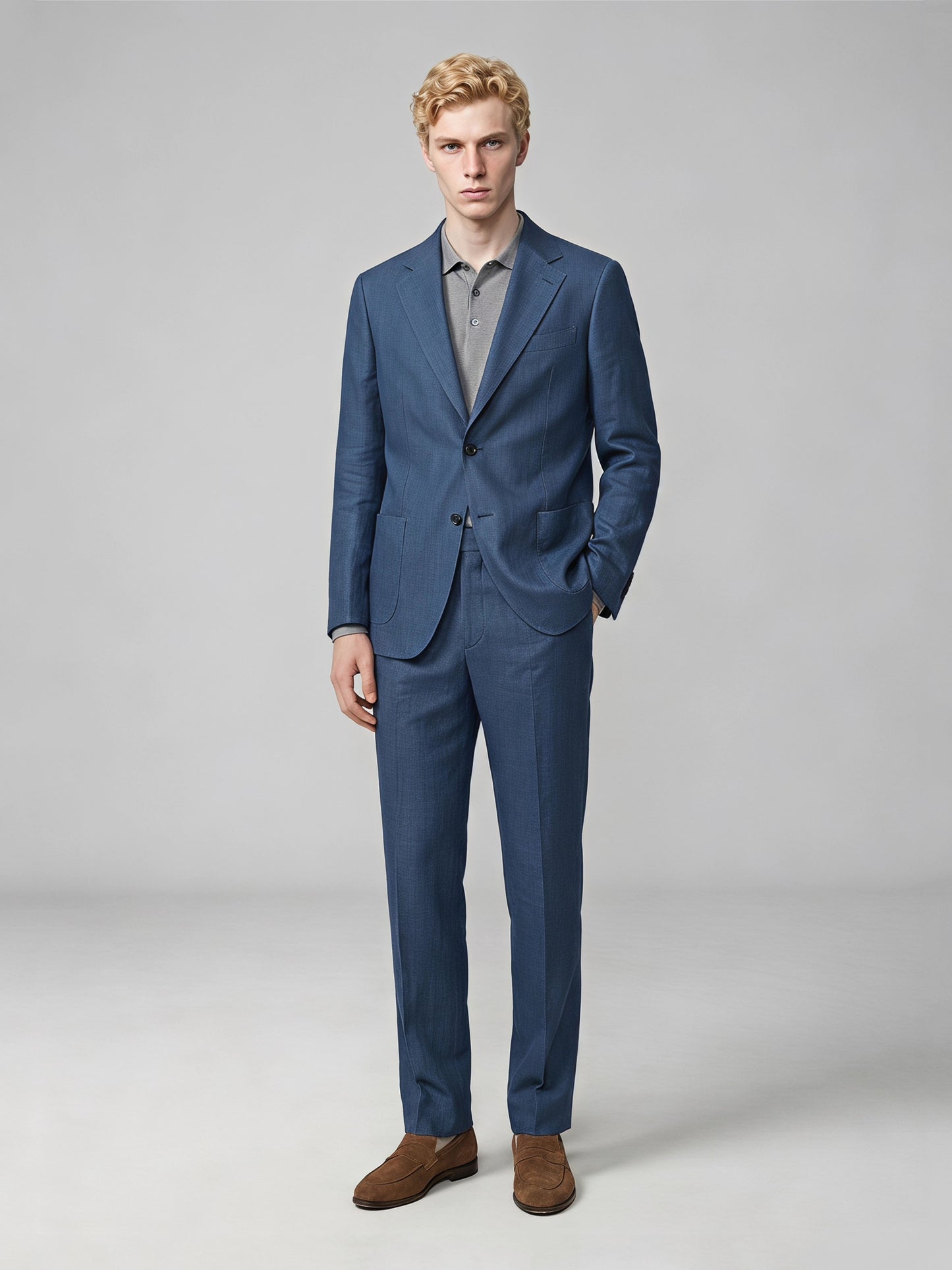Savile GA0057 steel blue suit set – model standing with hand in pocket, full body front view
