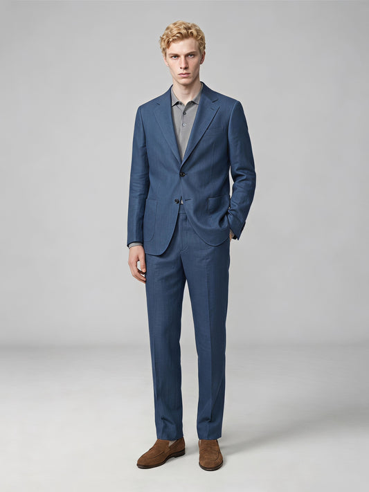 Savile GA0057 steel blue suit set – model standing with hand in pocket, full body front view